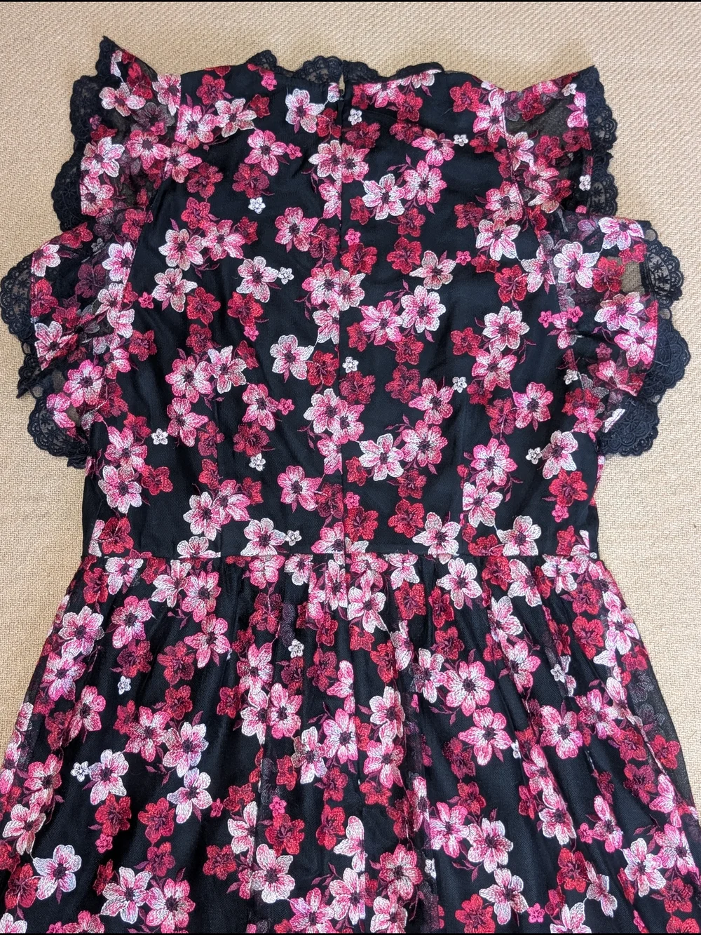 Kate Spade Black and Pink Floral Embroidered Tulle Flutter Sleeve Mini Dress